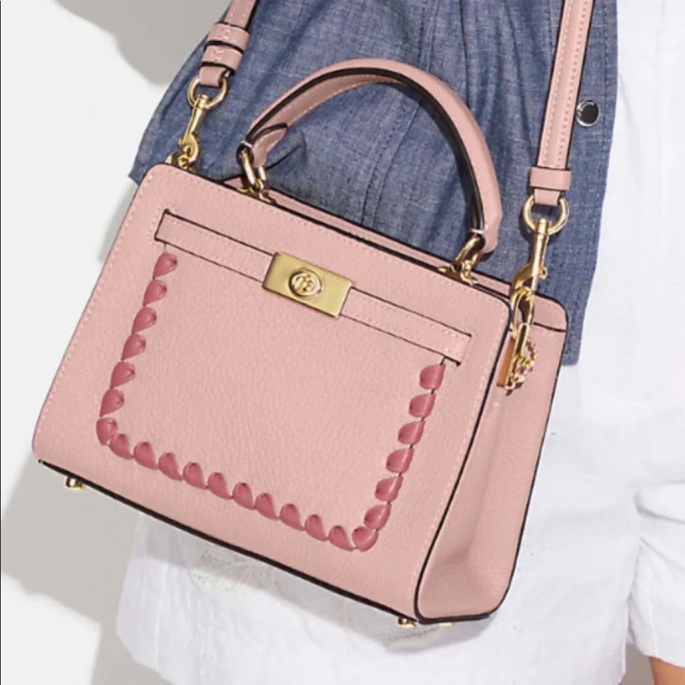 SALE🔥COACH MINI LANE TOP‎ HANDLE WITH WHIPSTITCH GOLD/PINK LEATHER SHOULDER BAG